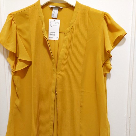 H&M Pintucked Pleated Mustard Yellow Blouse Sz 14 NWT - Picture 1 of 3